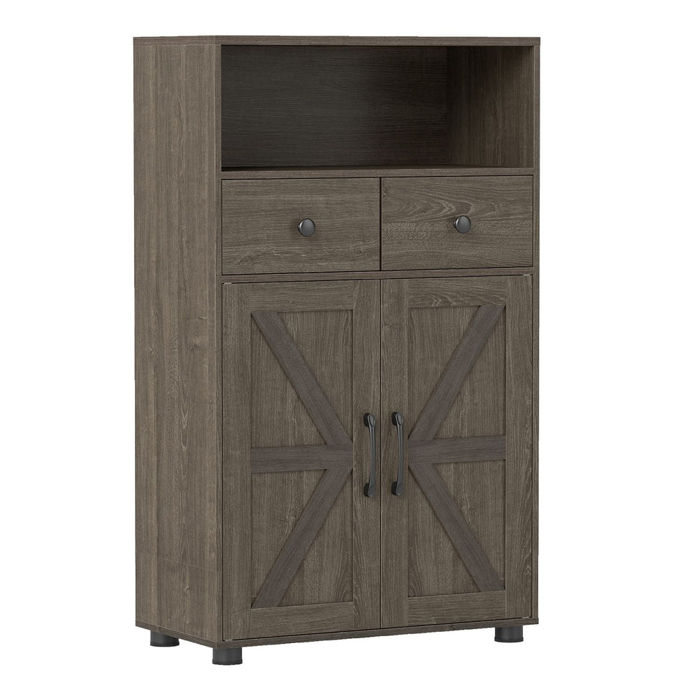 40" bathroom storage cabinet in oak features two drawers, barn doors, and a removable shelf for versatile organization.