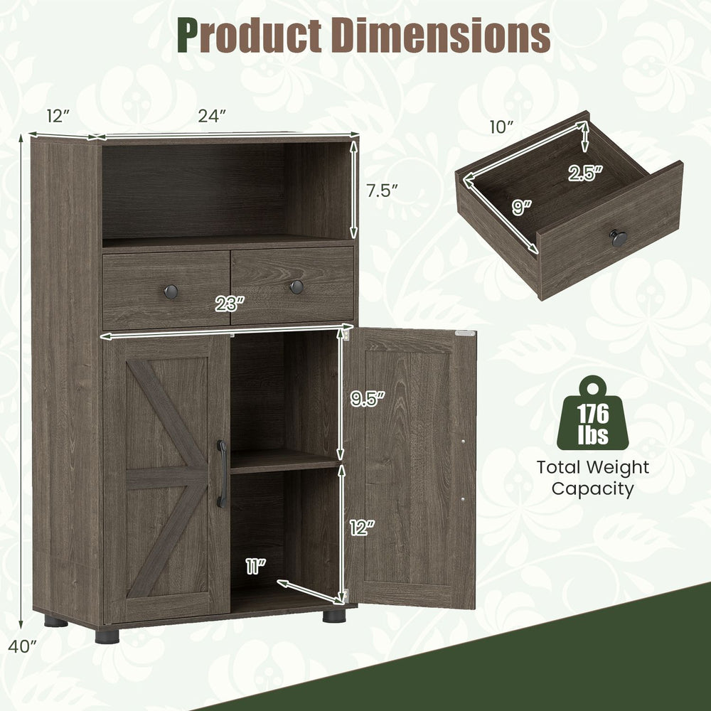 40" bathroom storage cabinet in oak features two drawers, a removable shelf, and stylish barn doors for versatile organization.
