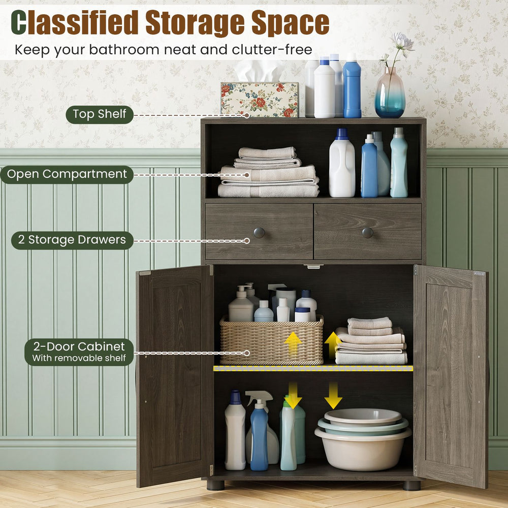 40" bathroom storage cabinet in oak with drawers, open compartment, and removable shelf for organized essentials.