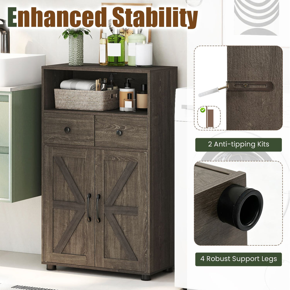 40" bathroom storage cabinet in oak with drawers, removable shelf, and rustic barn doors for organized essentials.