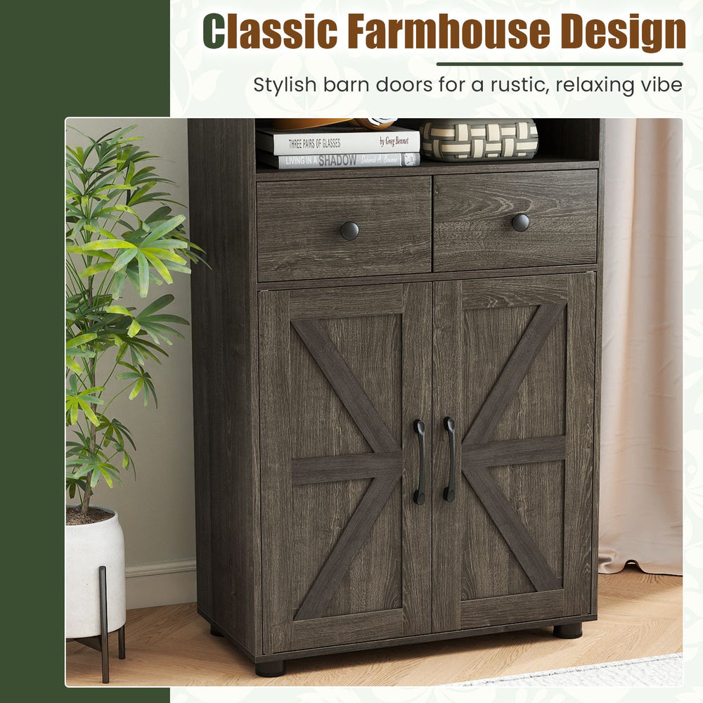40" bathroom storage cabinet with stylish barn doors, two drawers, and a removable shelf for organized, clutter-free spaces.