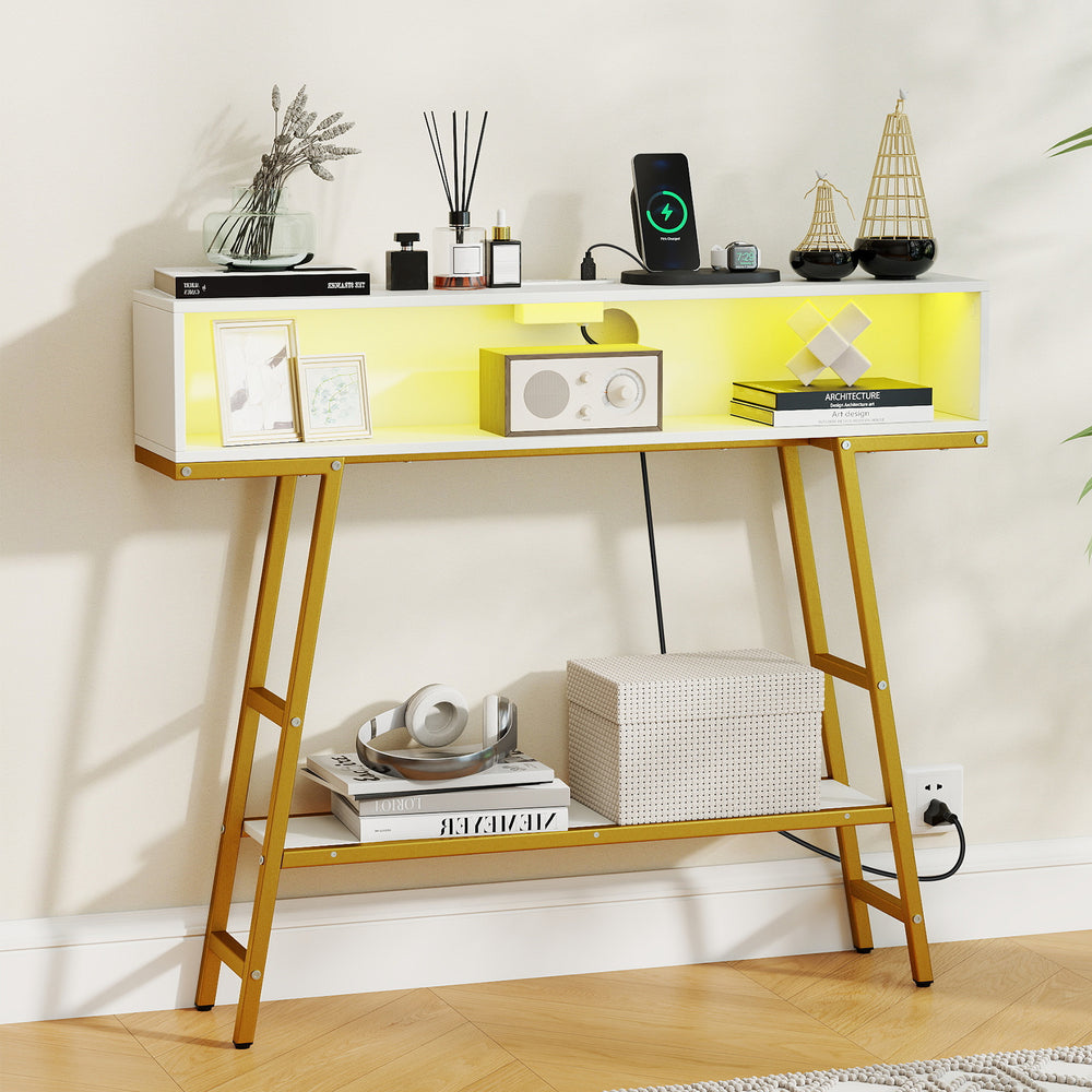 40" Console Table with Charging Station and LED Lights-White - Gallery View 1 of 11
