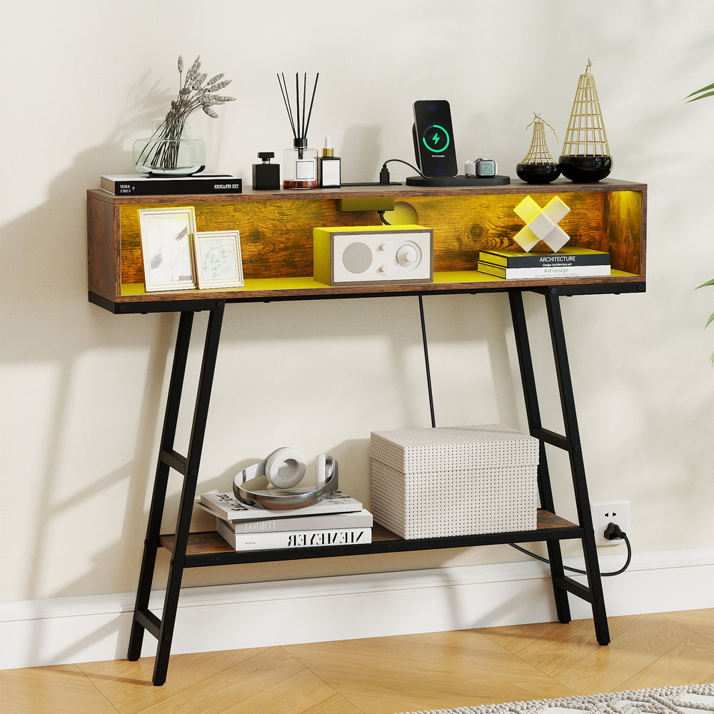 40" Console Table with Charging Station and LED Lights-Rustic Brown - Gallery View 1 of 9