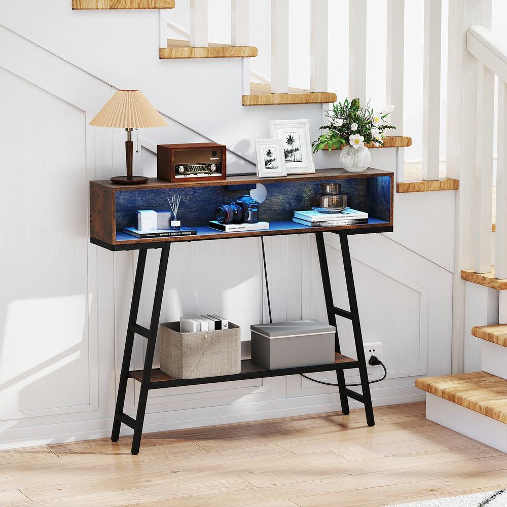 Rustic brown 40" console table with charging station, LED lights, and open compartment for versatile home organization.