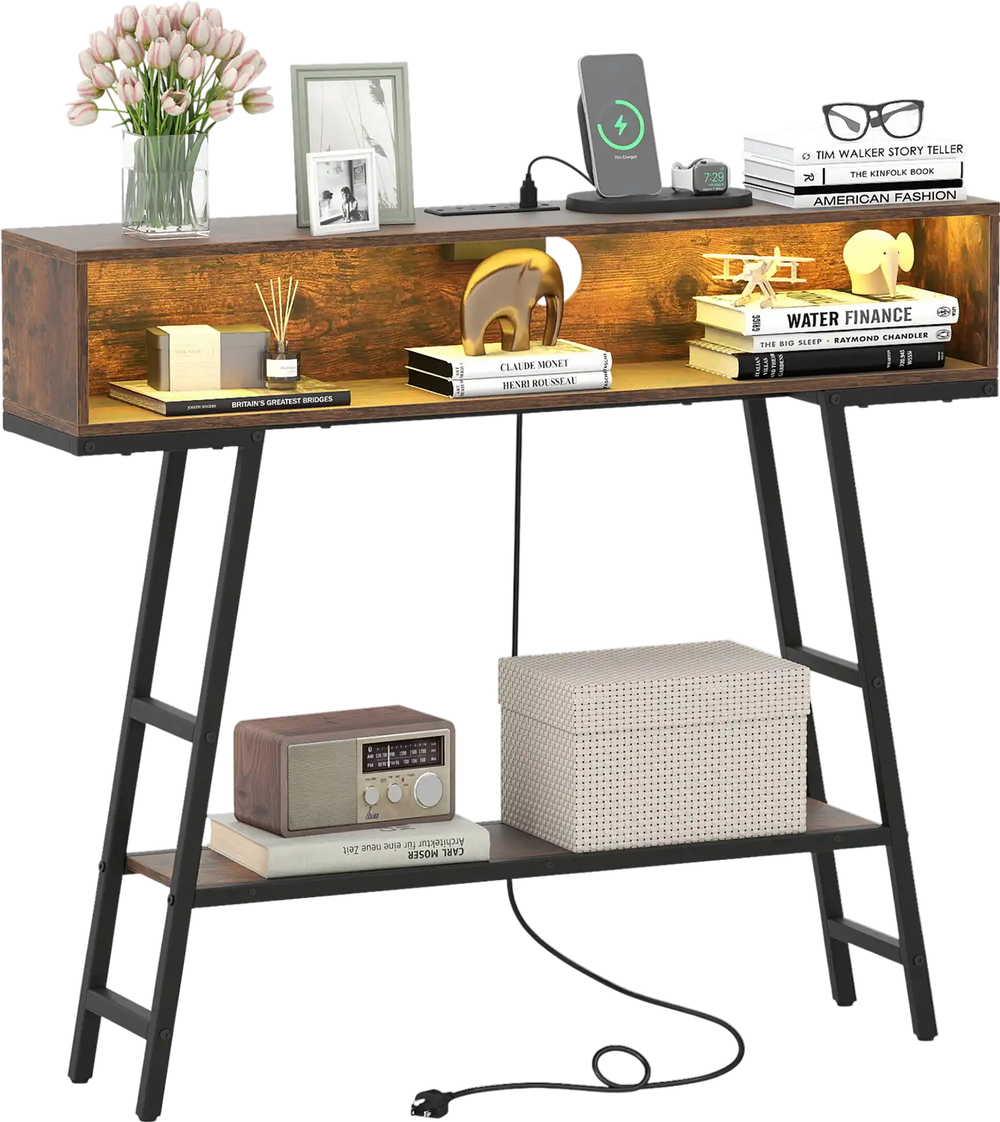 40" rustic brown console table with charging station, LED lights, and open compartments for versatile storage.