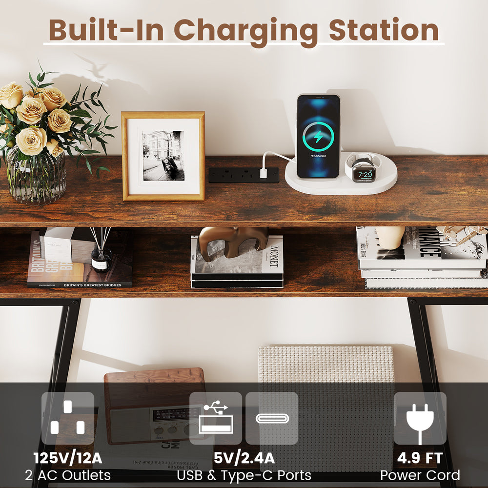 40" rustic brown console table featuring a built-in charging station with 2 AC outlets and USB ports for convenient use.