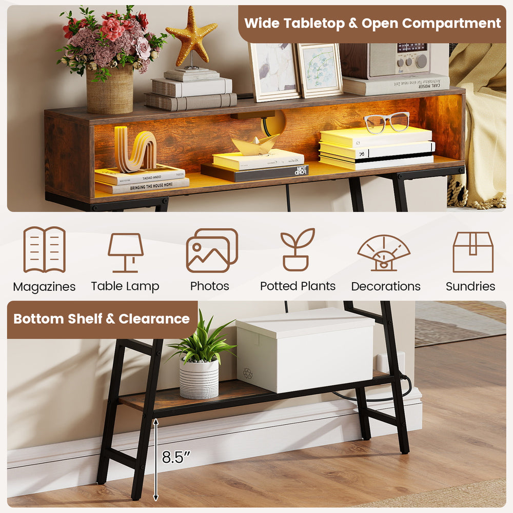 Rustic brown 40" console table with wide tabletop, open compartment, and charging station for versatile storage.