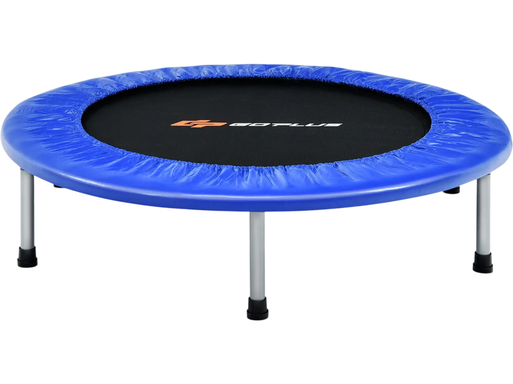 40" foldable fitness trampoline in blue with safety pad, designed for safe jumping and compact storage for all ages.