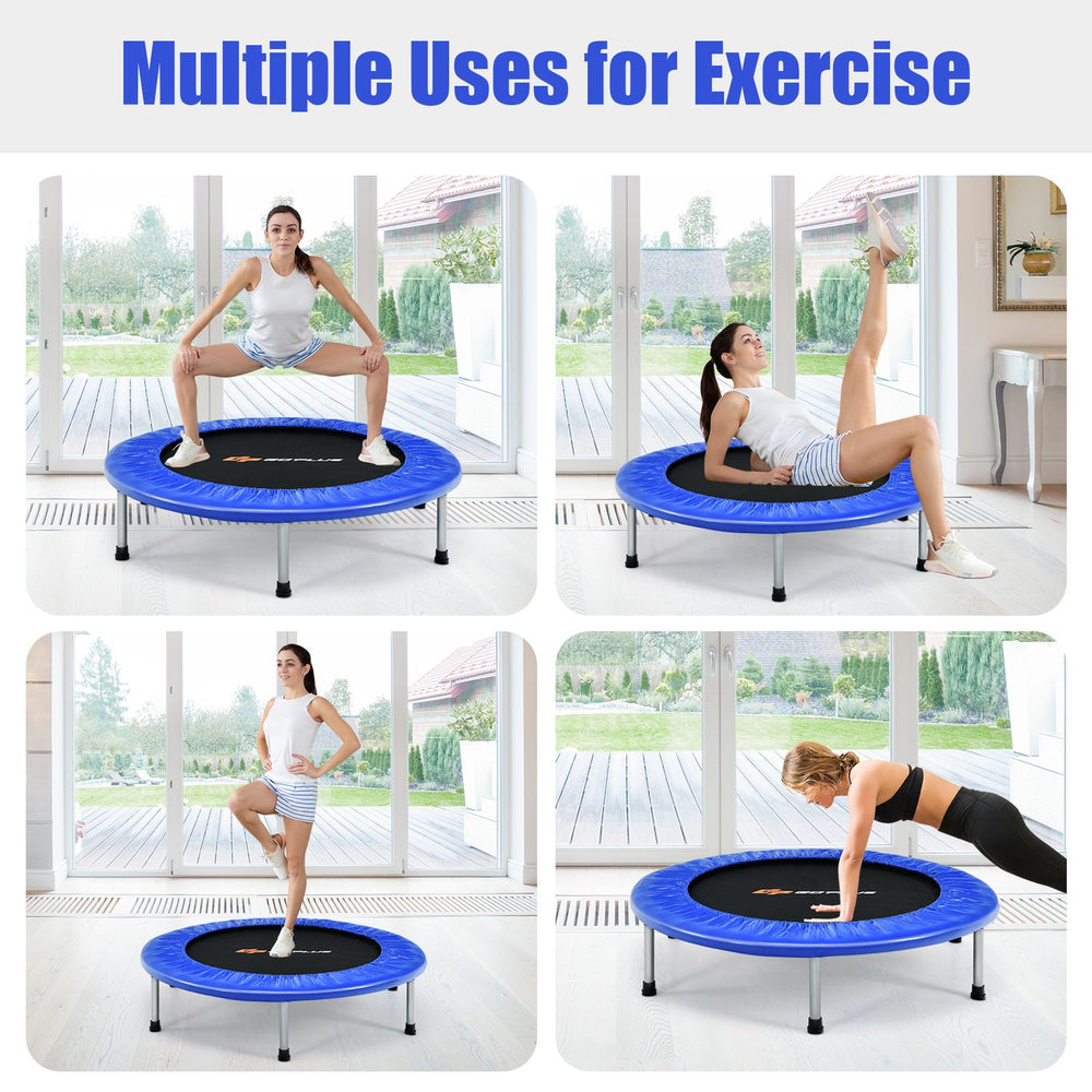 40" foldable fitness trampoline in blue with safety pad, ideal for various exercises and easy storage.