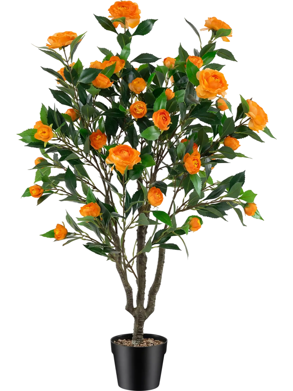 40-inch artificial camellia tree with 37 vibrant flowers and decorative river stones in a cement-filled pot for easy.