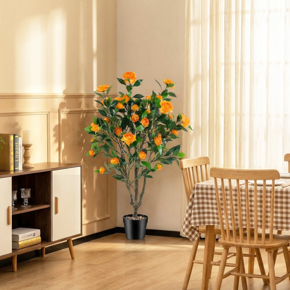 40-inch artificial camellia tree with 37 vibrant flowers in a cement-filled pot, perfect for home or office decor.