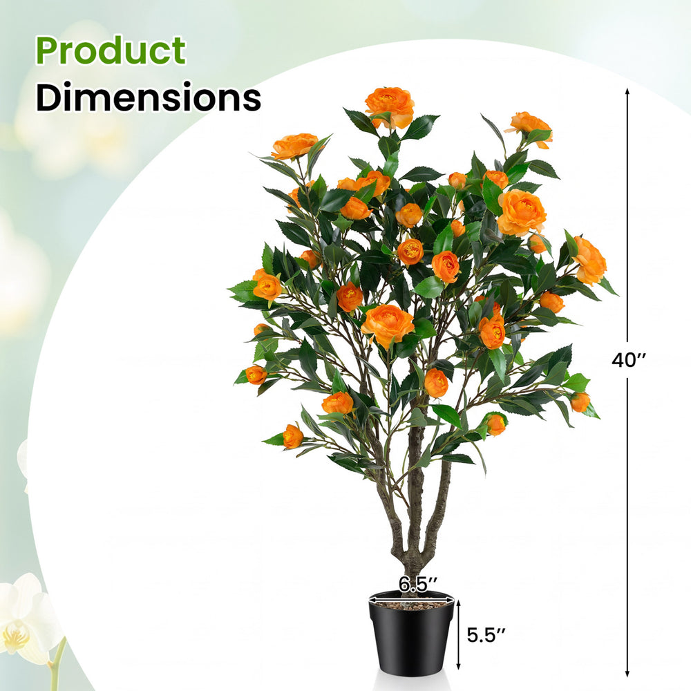 40-inch artificial camellia tree with 37 vibrant flowers and river stones in a cement-filled pot for easy maintenance.