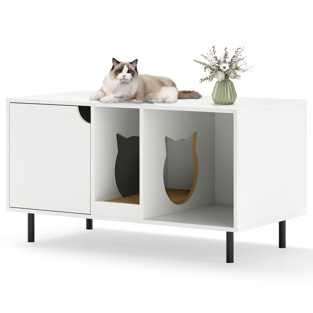 40-inch white cat litter box enclosure with hidden compartment, scratching board, and large countertop for decor.