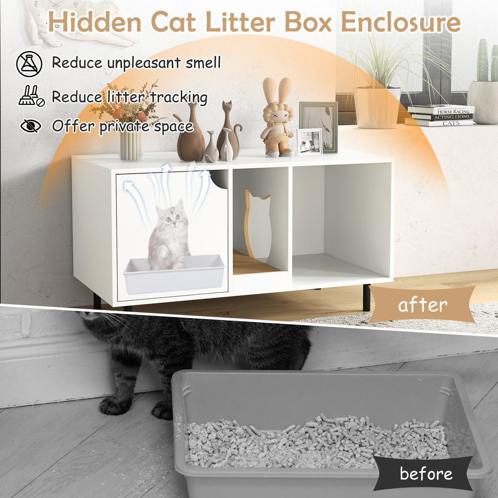 40-inch white cat litter box enclosure with hidden space, scratching board, and open compartment for cat supplies.
