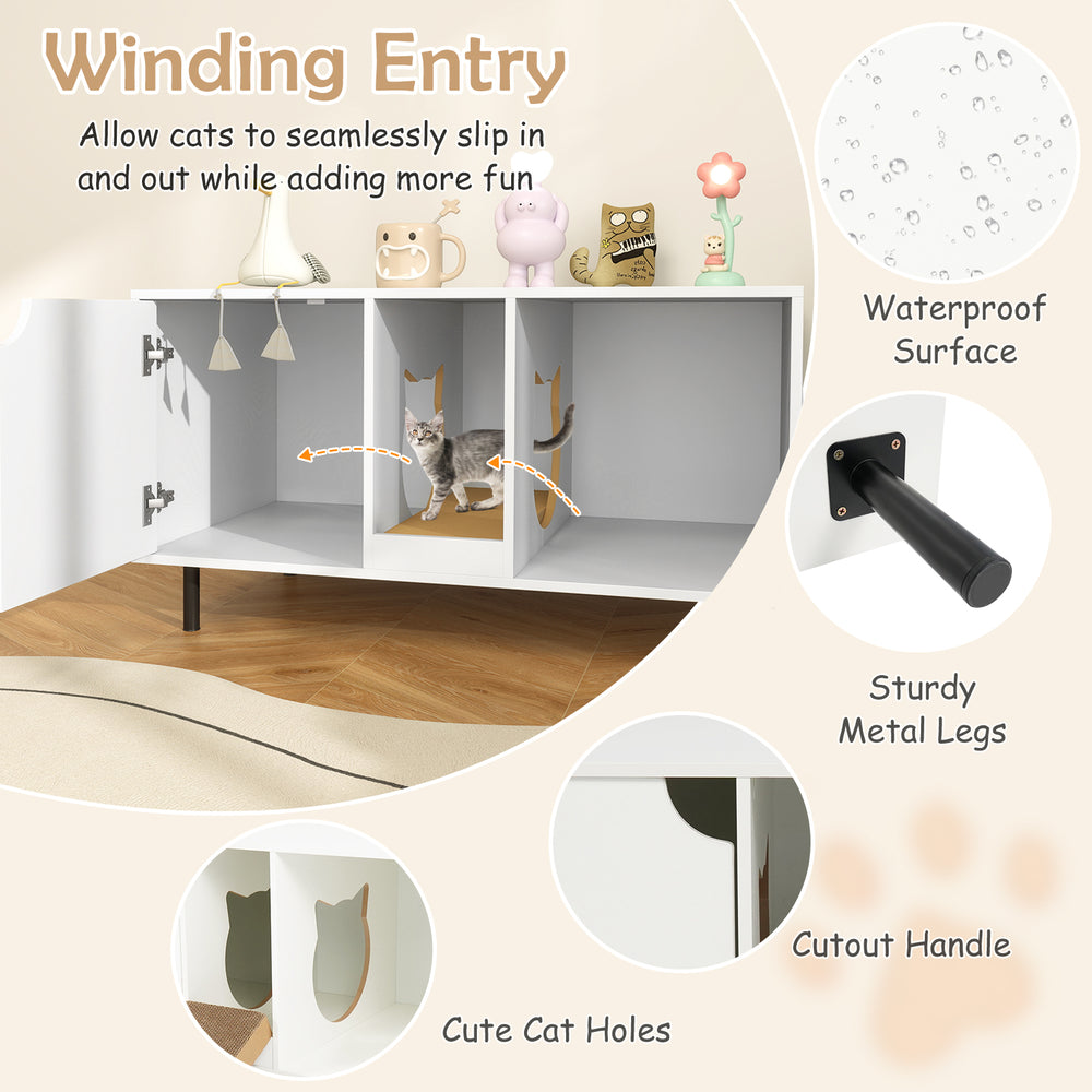 40-inch white cat litter box enclosure with winding entry, waterproof surface, and cute cat holes for playful access.