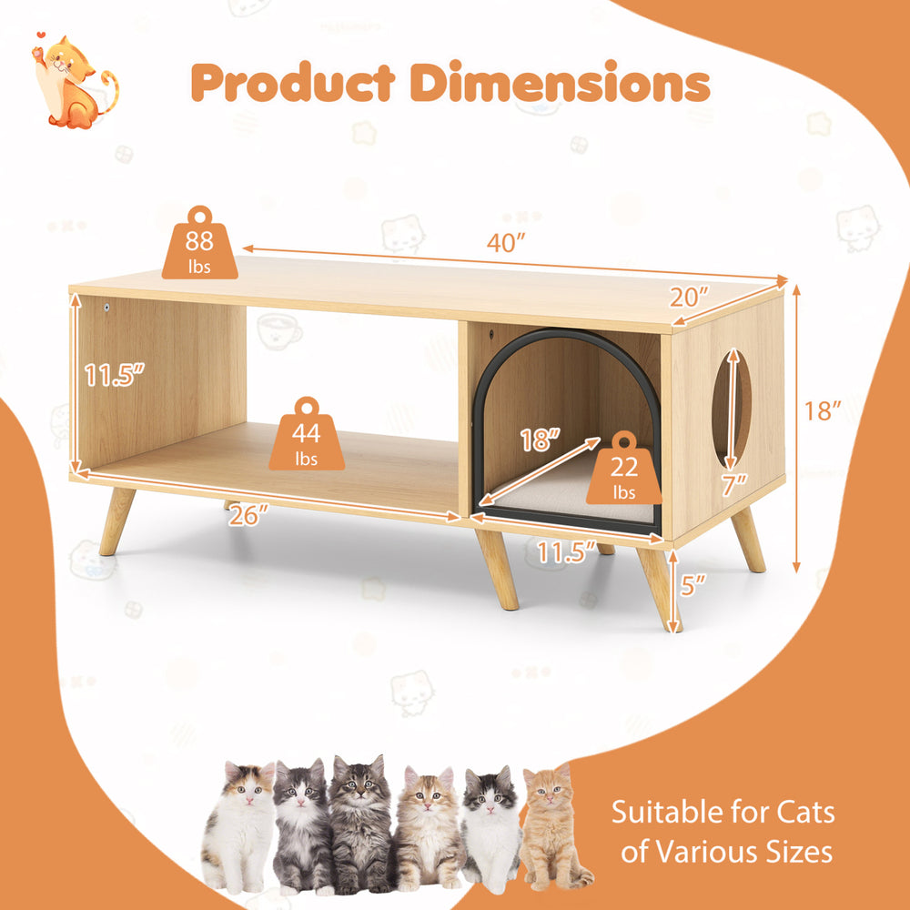 40-inch coffee table cat house in natural wood with open storage shelf, suitable for cats of various sizes.