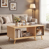 40-inch wooden coffee table with open storage shelf and cozy cat house, featuring natural grain veneer and rubber wood.