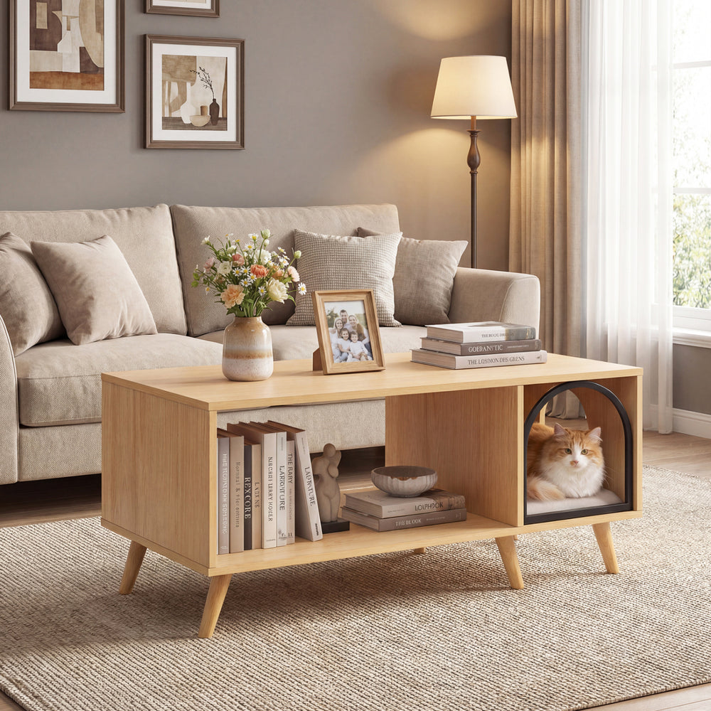 40-inch wooden coffee table with open storage shelf and cozy cat house, featuring natural grain veneer and rubber wood.
