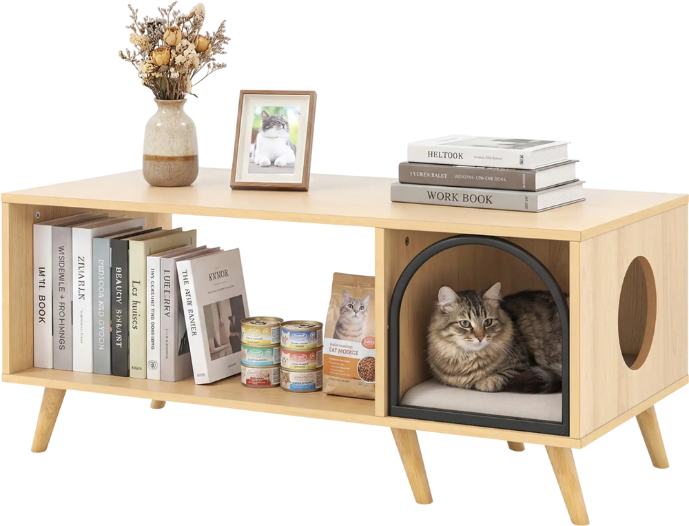 40-inch wooden coffee table with cat house, open storage shelf, and removable cushion for cozy lounging.