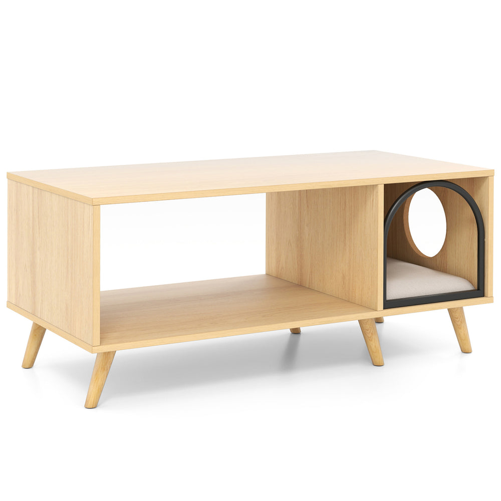 40-inch natural wooden coffee table with open storage shelf and cozy cat house compartment for stylish pet-friendly.