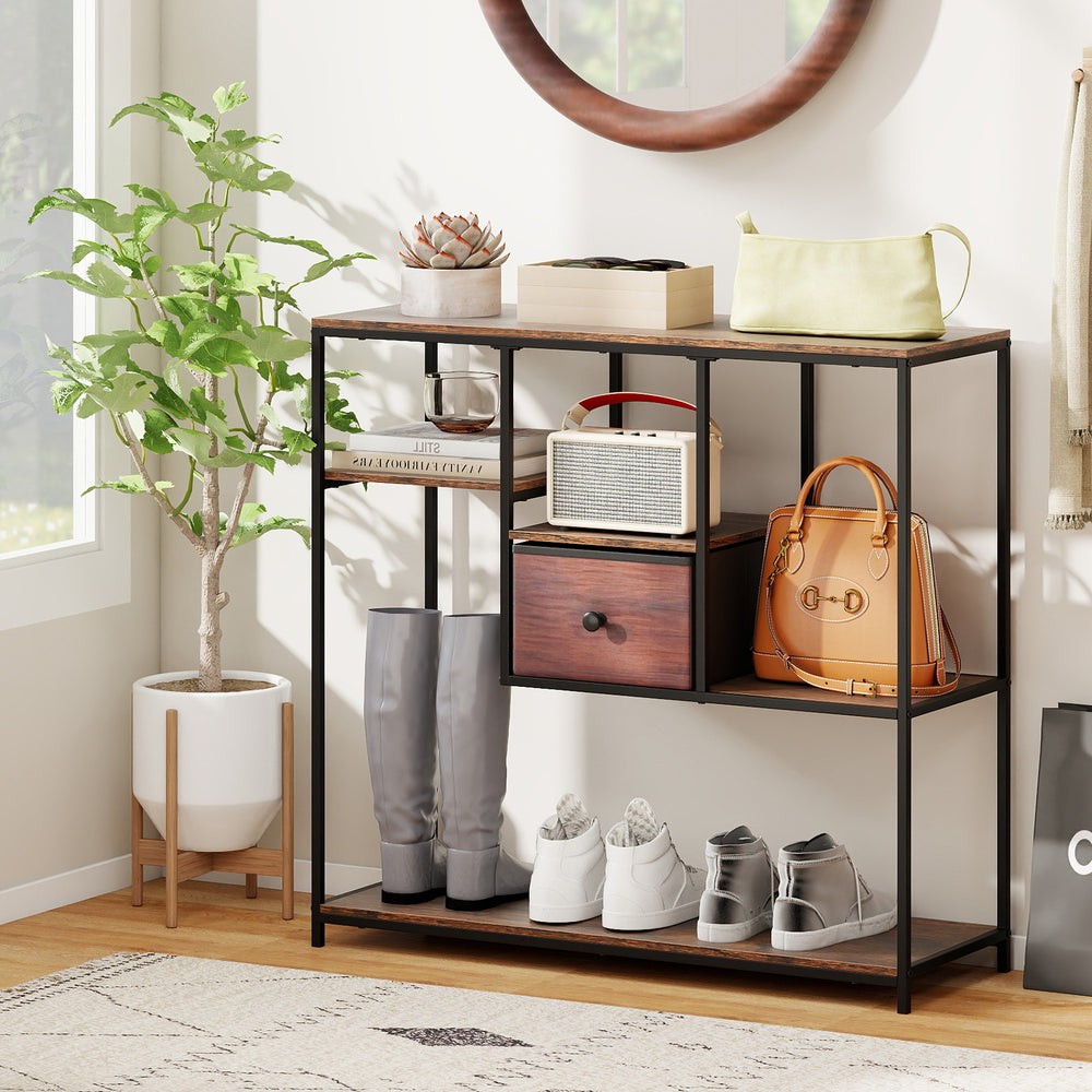 Console table with rustic brown finish, featuring staggered shelves and a fabric drawer, ideal for entryway or living.