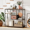 Rustic brown 40-inch console table with staggered shelves and a fabric drawer, ideal for entryway or living room.