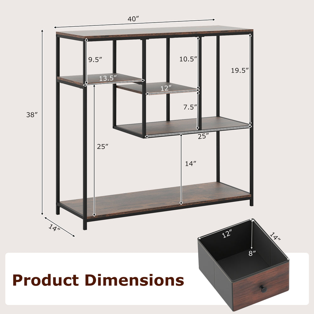 Rustic brown 40-inch console table with staggered shelves and fabric drawer, ideal for entryway or living room storage.