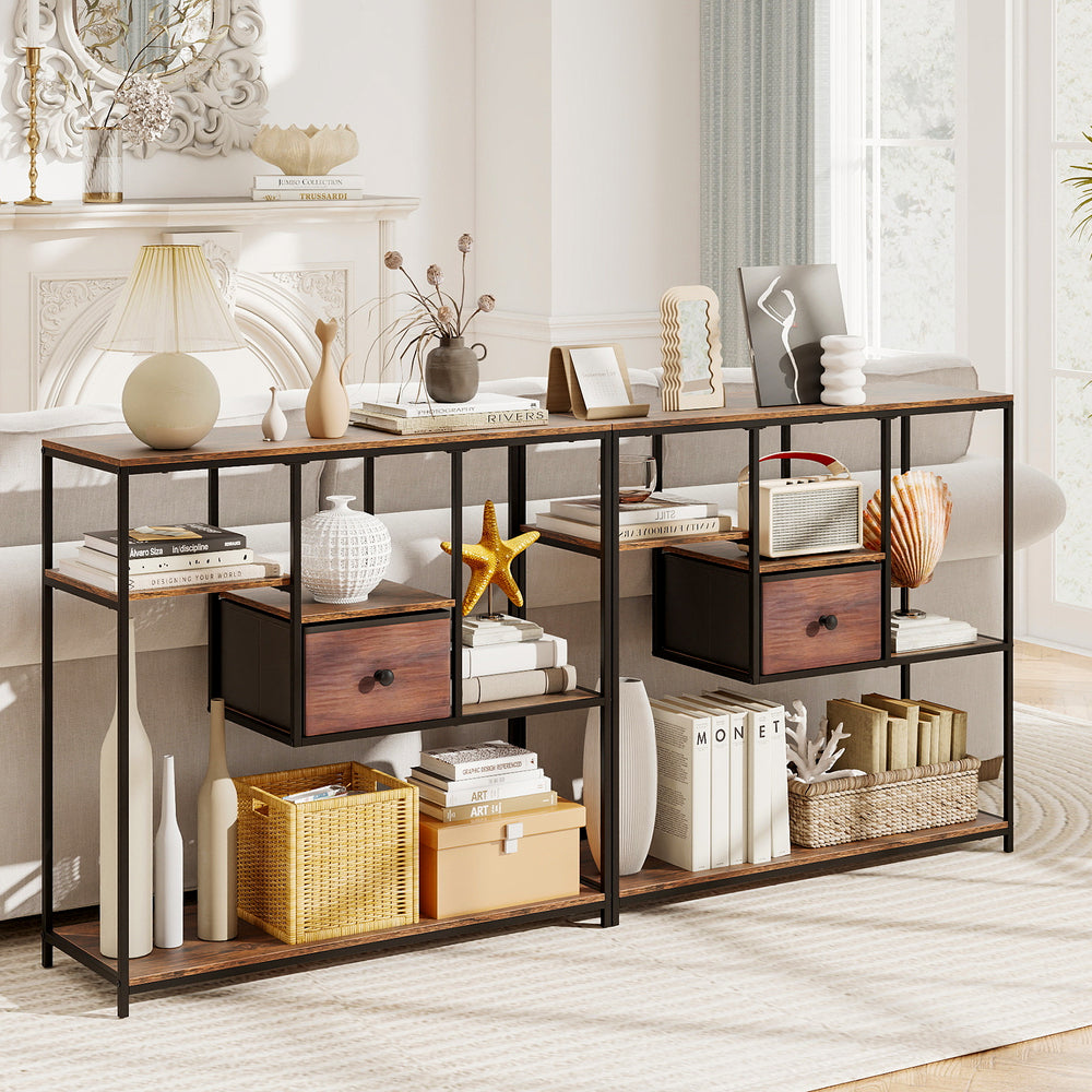 Rustic brown 40-inch console table with staggered shelves and fabric drawers, ideal for living room storage and display.