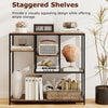 Staggered shelves of a 40-inch rustic brown console table with storage, perfect for entryway or living room use.