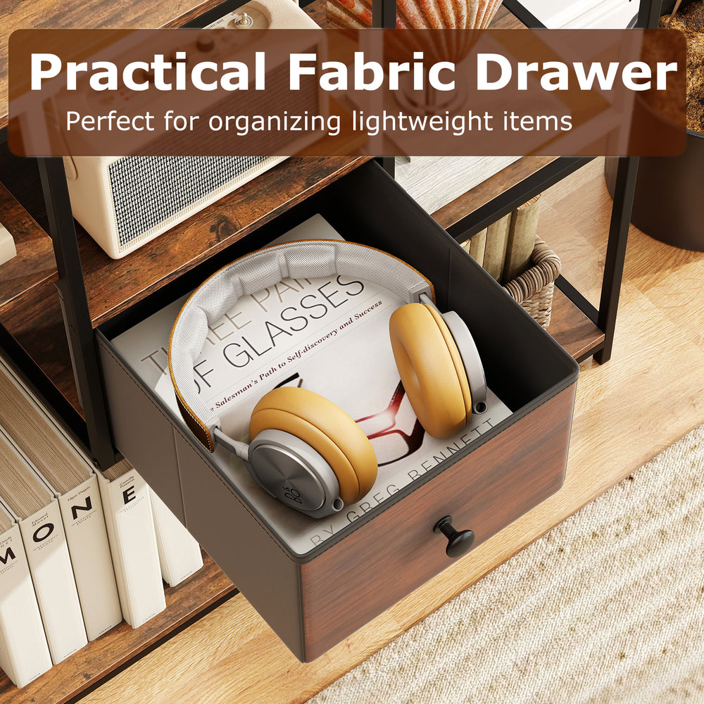 Practical fabric drawer of a rustic brown console table, ideal for organizing lightweight items in living spaces.