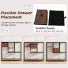 40-inch rustic brown console table with staggered shelves and flexible drawer placement for versatile storage solutions.