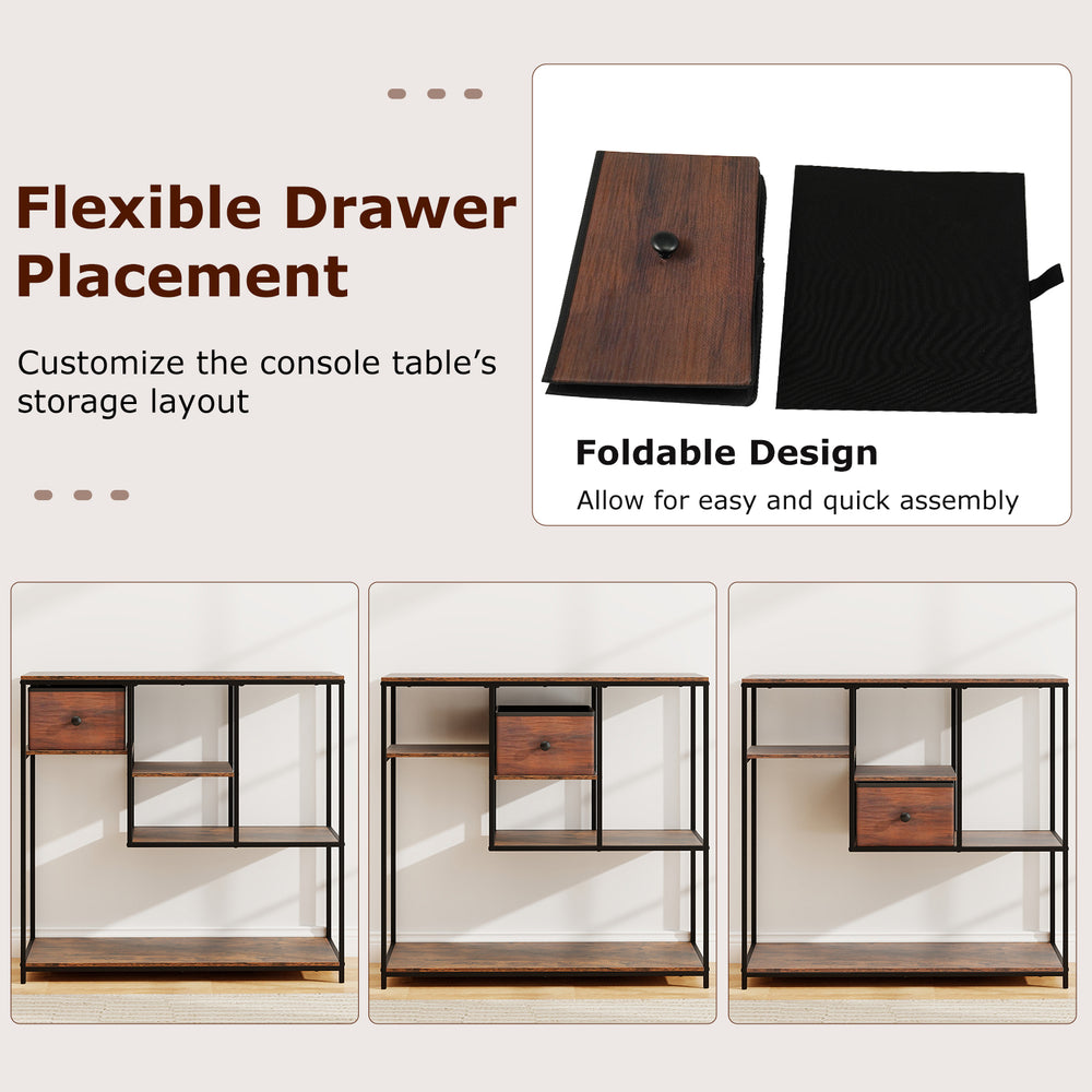 40-inch rustic brown console table with staggered shelves and flexible drawer placement for versatile storage solutions.