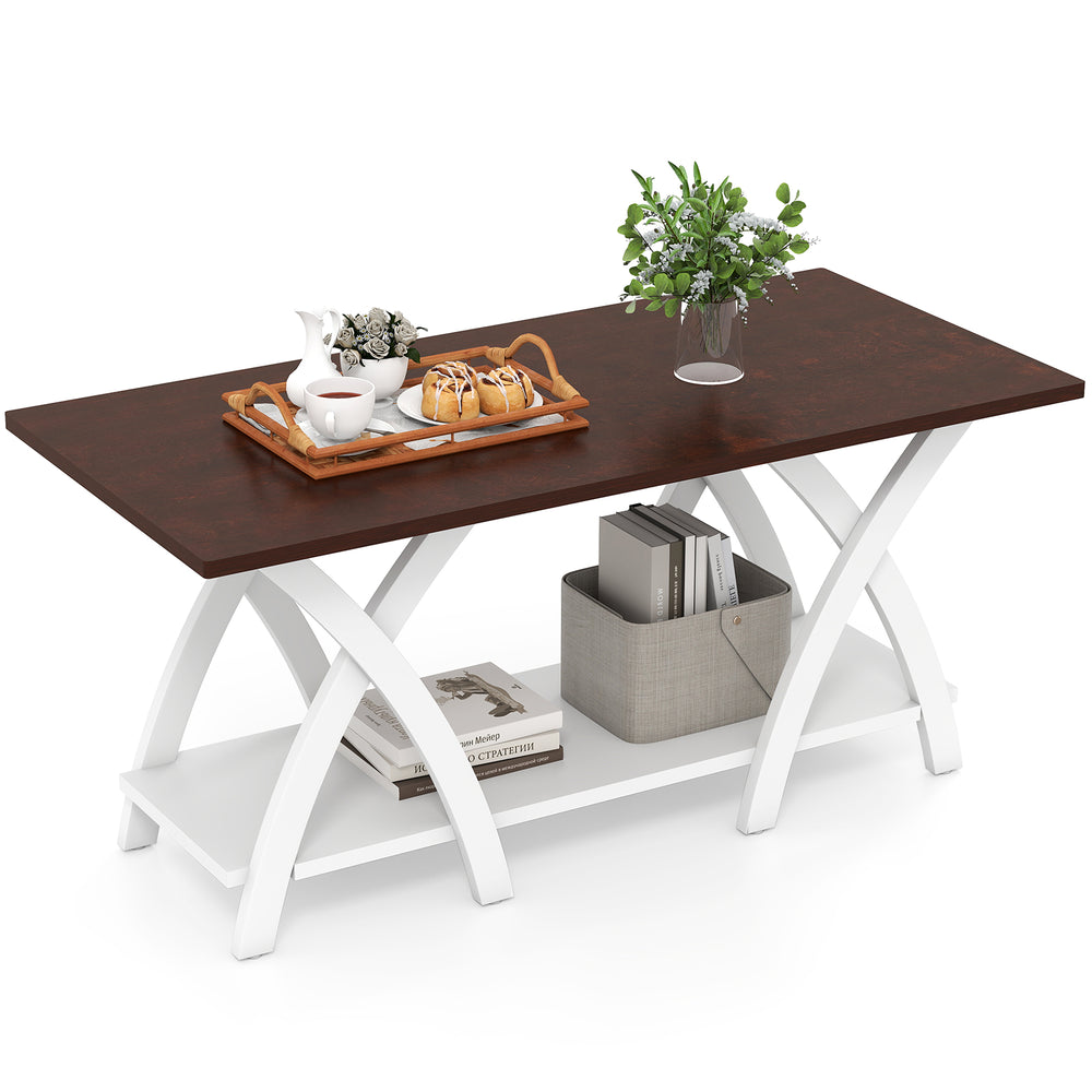 Walnut 40-inch farmhouse coffee table with 2-tier storage shelf, X-shaped support, perfect for living room organization.