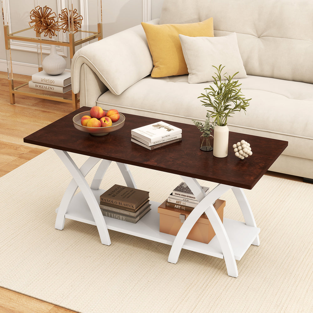 Walnut 40-inch farmhouse coffee table with X-shaped support, featuring a spacious top and 2-tier storage shelf for.