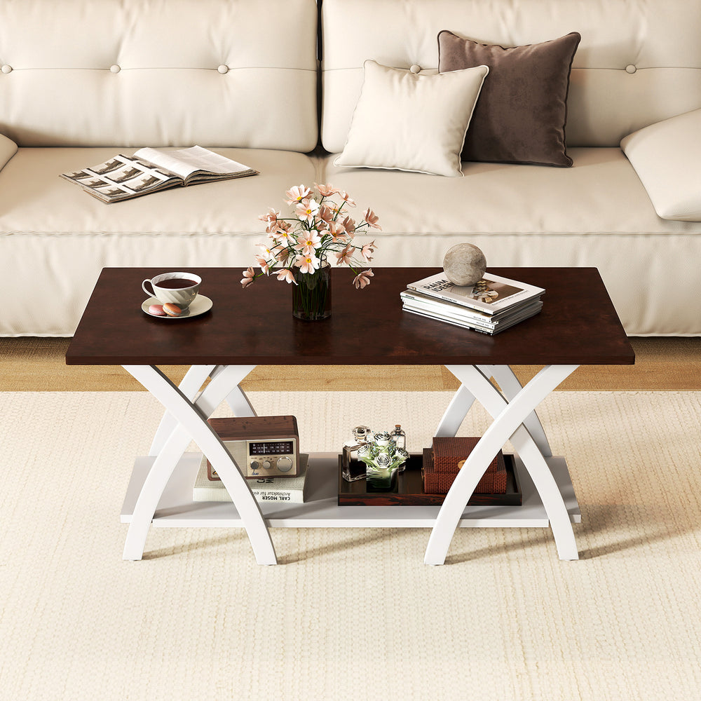 Walnut 40-inch farmhouse coffee table showcasing a spacious top, perfect for drinks and decor in your living room.