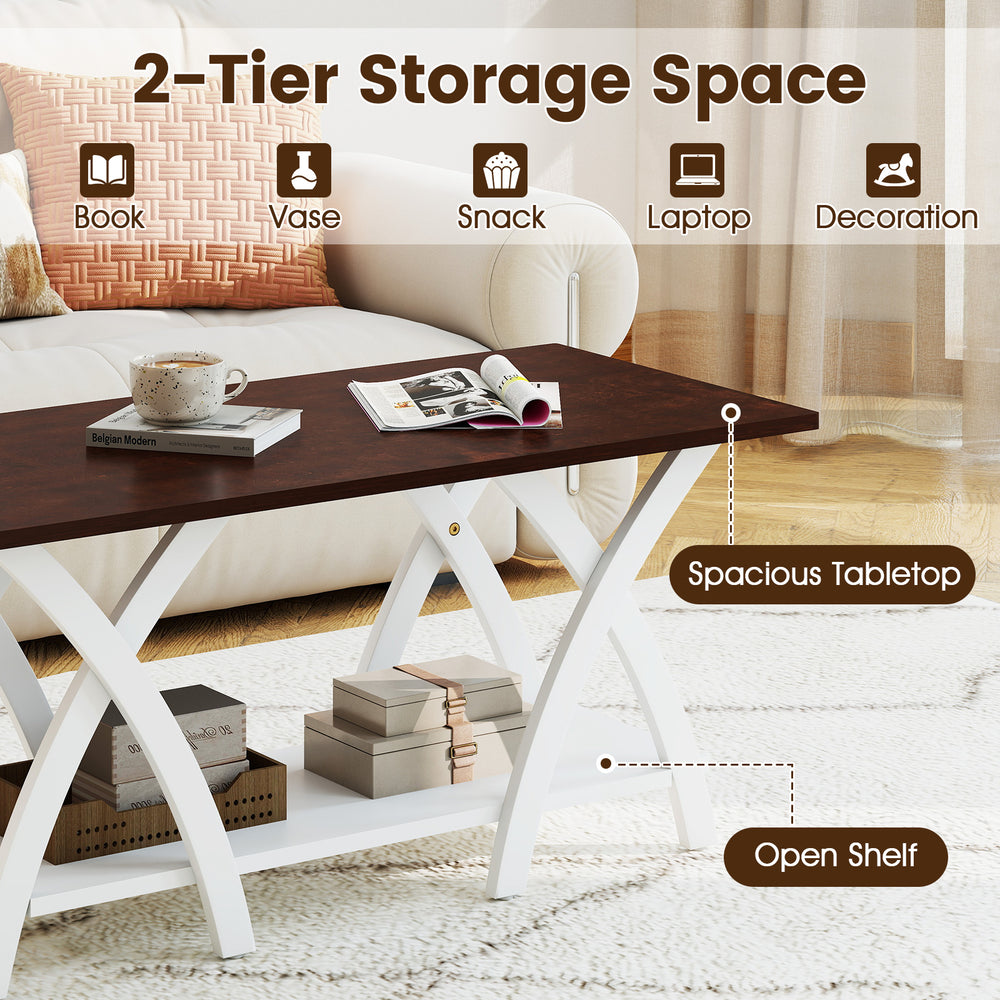 40-inch farmhouse wooden coffee table with walnut finish, featuring a spacious tabletop and open storage shelf for.