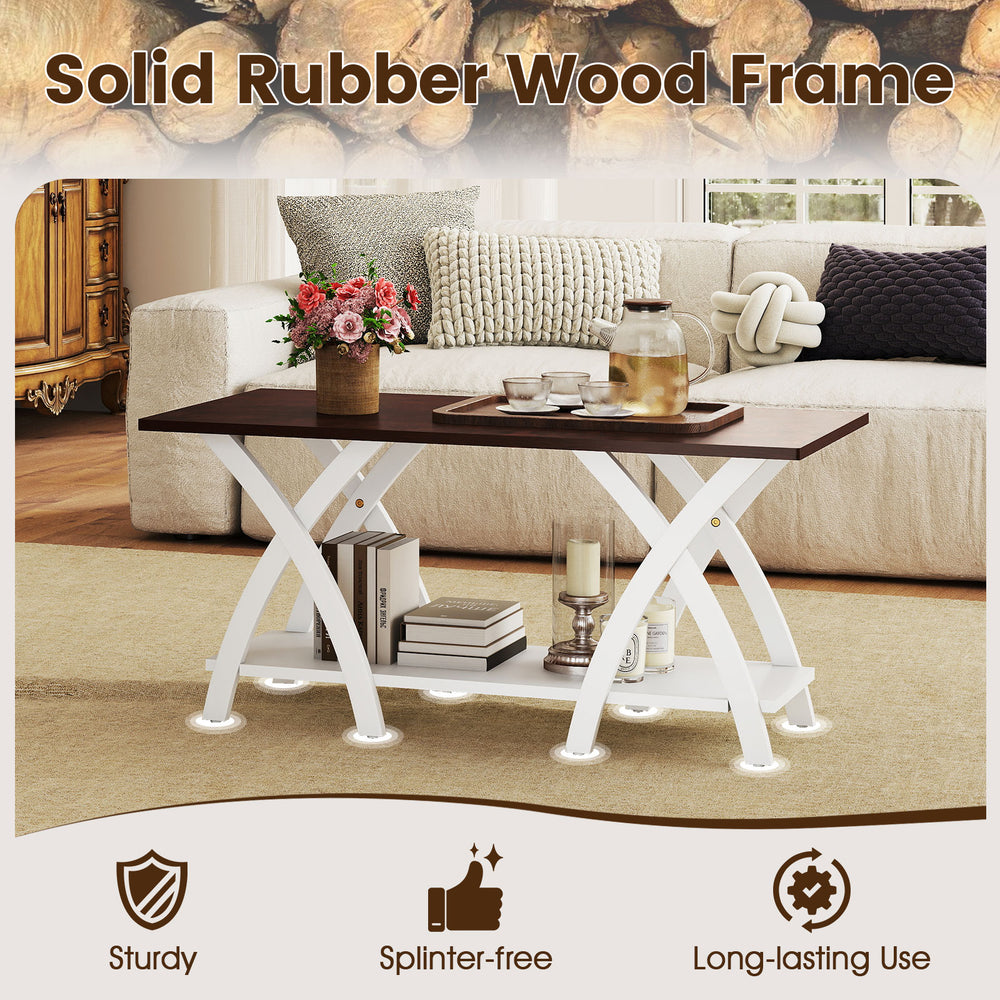40-inch farmhouse coffee table with walnut finish, featuring a 2-tier design and X-shaped support for living room.
