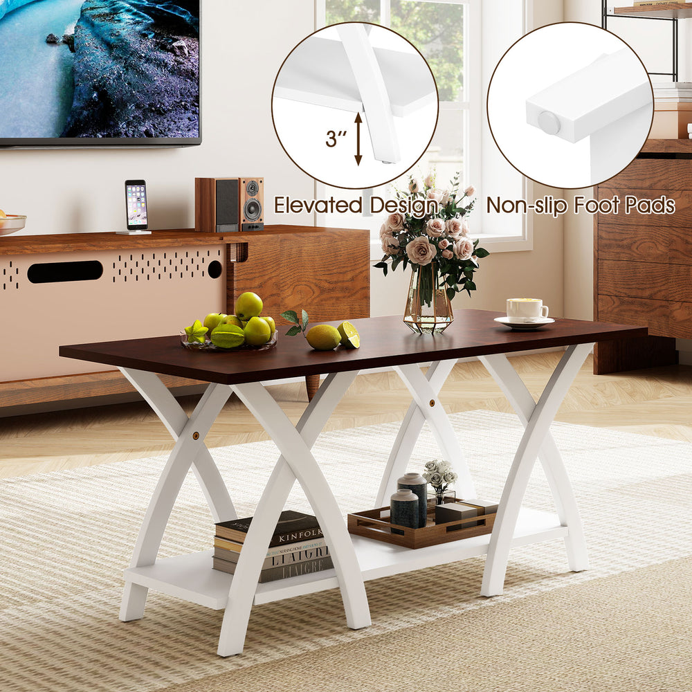 40-inch farmhouse coffee table in walnut with 2-tier storage shelf, X-shaped support, and non-slip foot pads for.