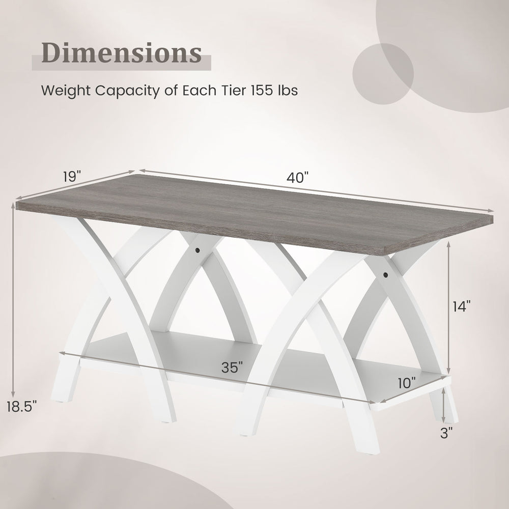 40-inch gray farmhouse coffee table with X-shaped legs, featuring a spacious 2-tier design for ample storage.