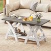 Gray 40-inch farmhouse coffee table with X-shaped legs, featuring a spacious tabletop and open storage shelf for living.