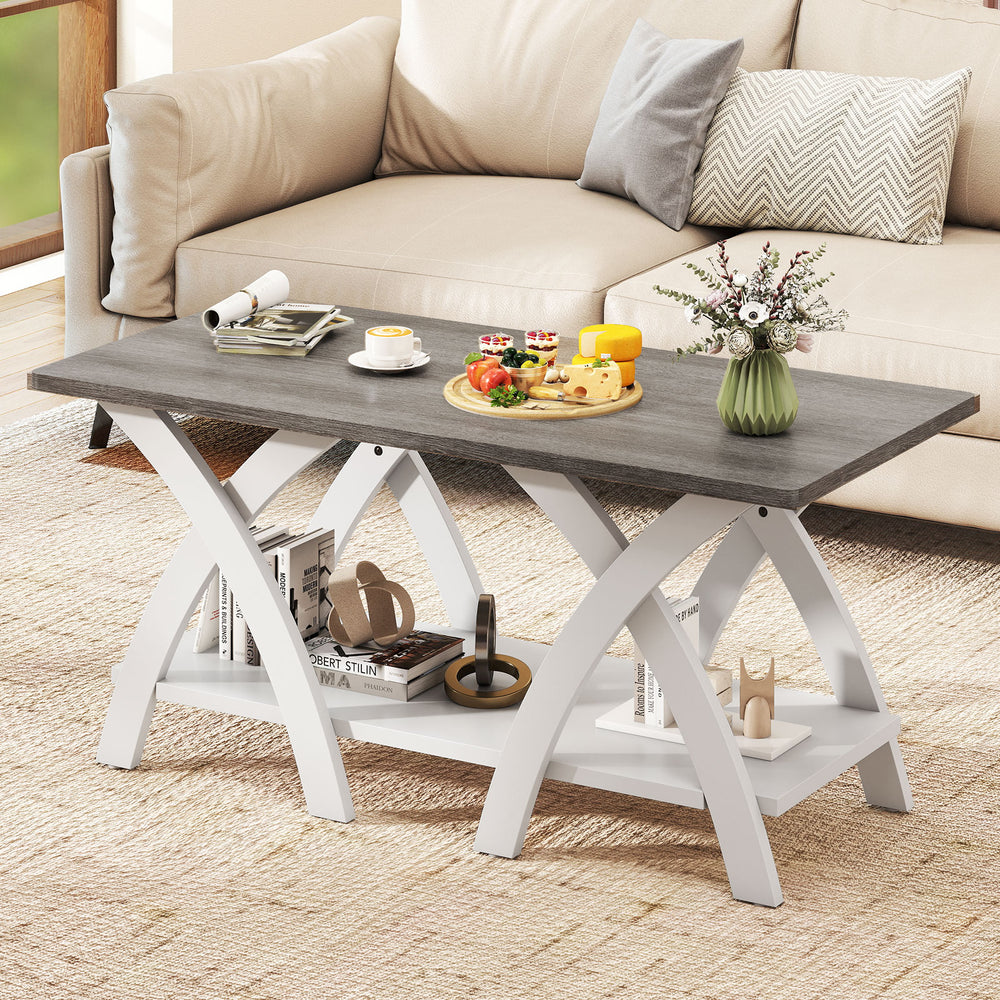 Gray 40-inch farmhouse coffee table with X-shaped legs, featuring a spacious tabletop and open storage shelf for living.