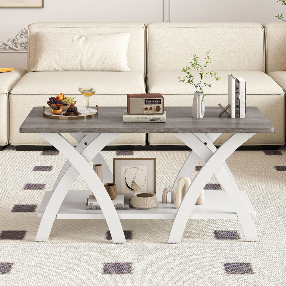 40-inch gray farmhouse coffee table with X-shaped legs, featuring a spacious top and open storage shelf for.