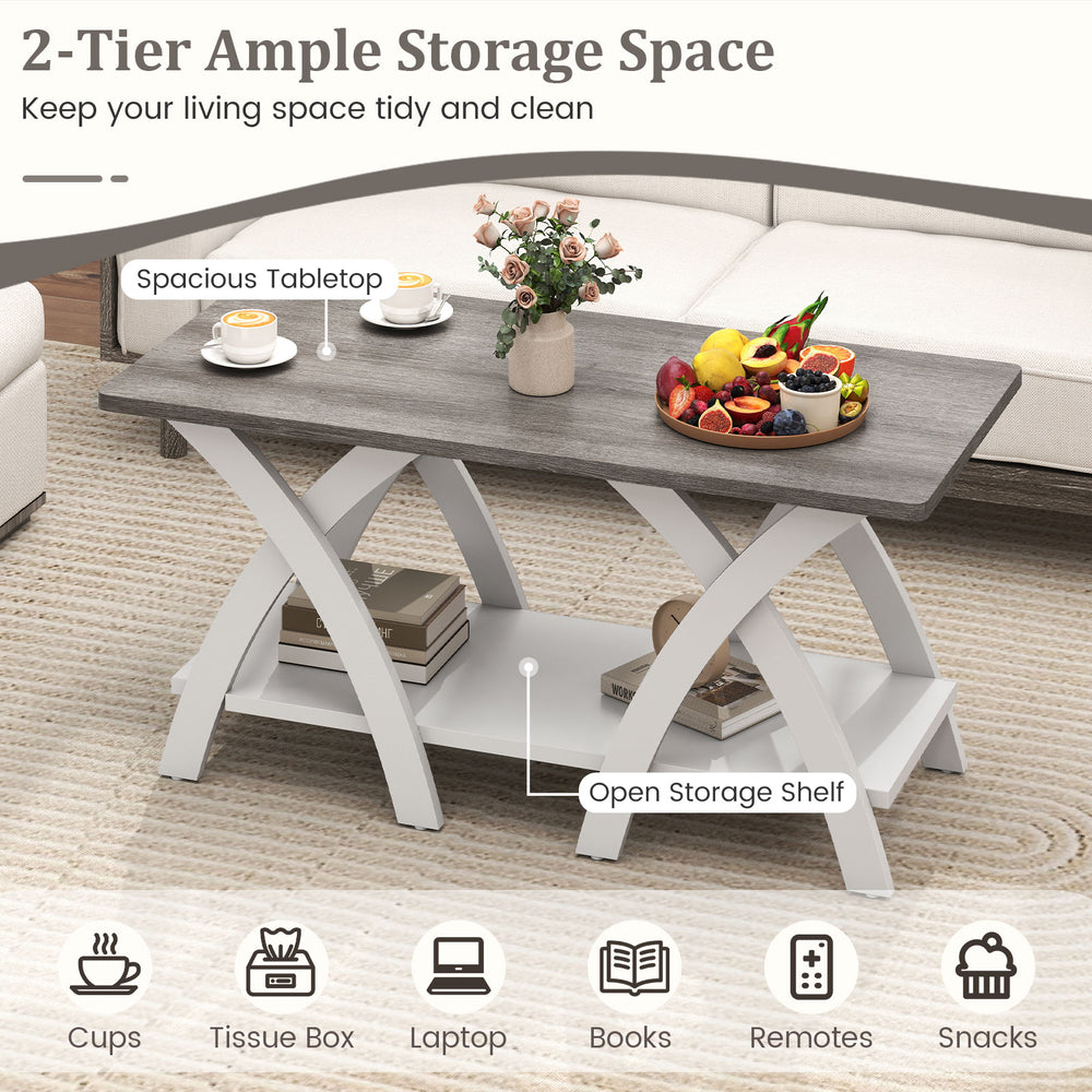 40-inch gray farmhouse coffee table with X-shaped legs, featuring a spacious tabletop and open storage shelf for.