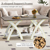 Farmhouse coffee table with X-shaped legs, showcasing beautiful wood grain and safe round corners for family-friendly.