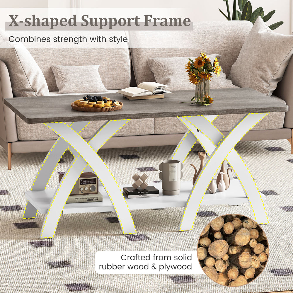 Farmhouse coffee table with X-shaped legs, showcasing beautiful wood grain and safe round corners for family-friendly.