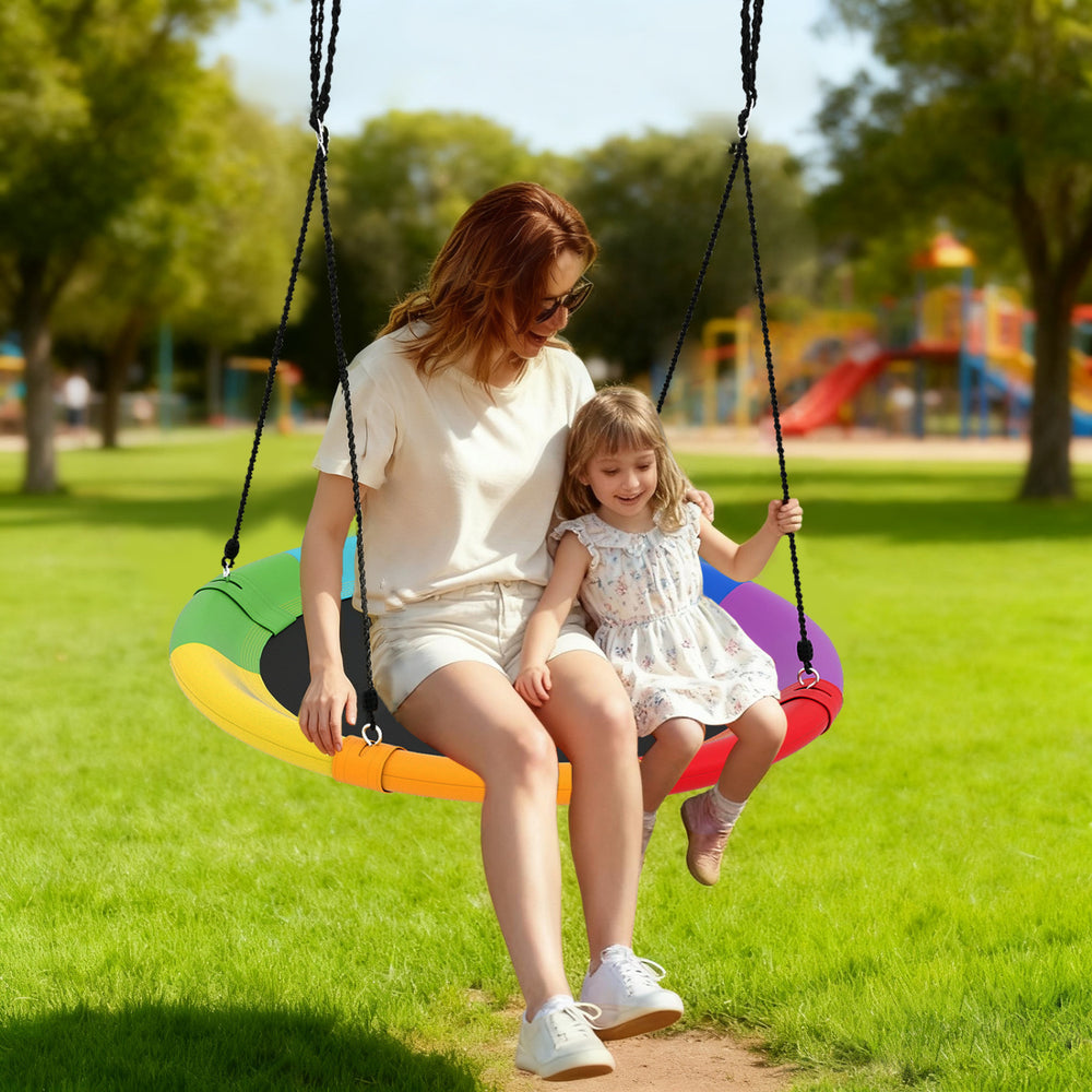 Colorful 40-inch flying saucer tree swing made of durable 600D oxford fabric, perfect for kids to play together outdoors.