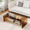 Modern 40-inch dark brown coffee table with a tempered glass top and rounded edges, perfect for living room use.