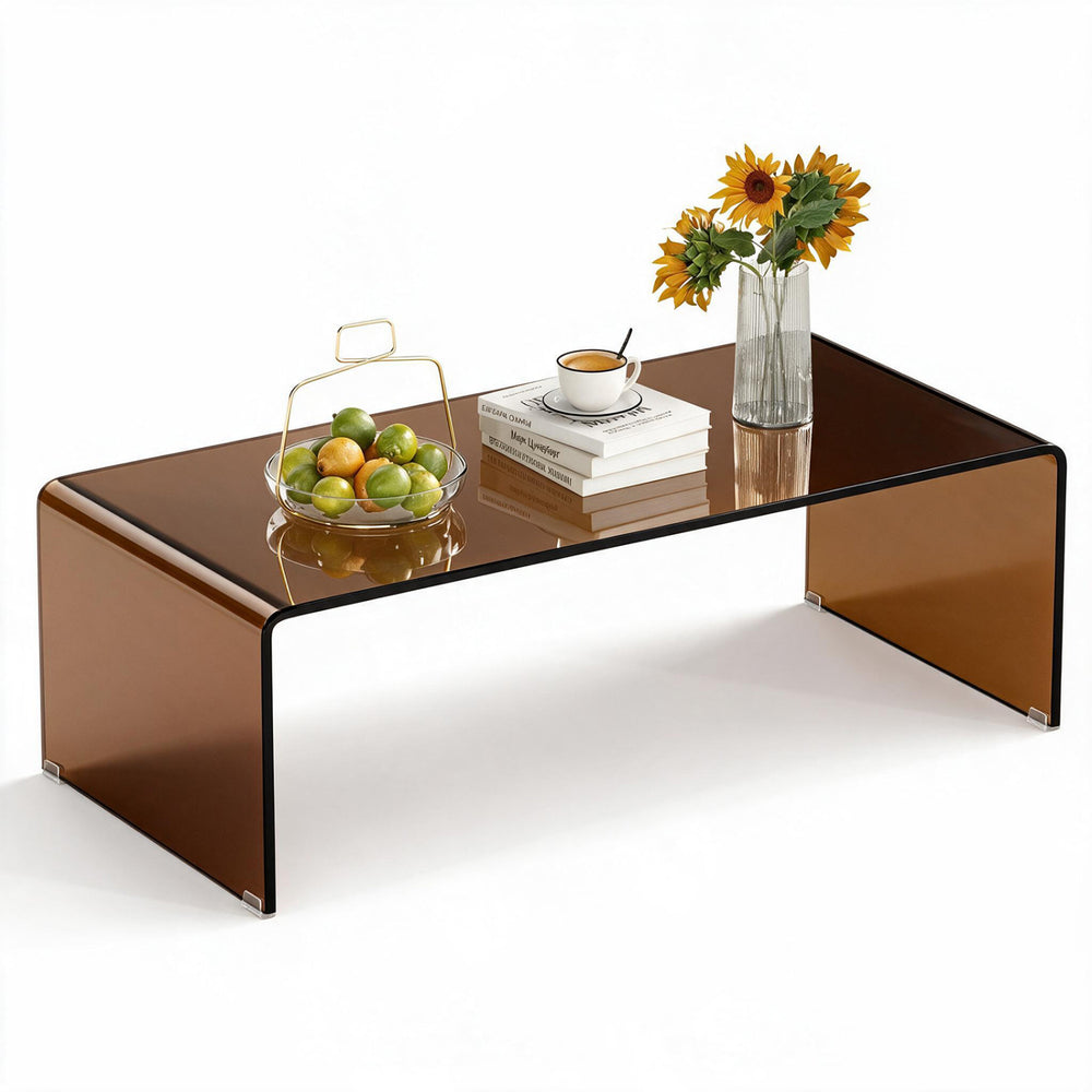 Dark brown 40-inch coffee table with a tempered glass top and rounded edges, perfect for living room or office use.