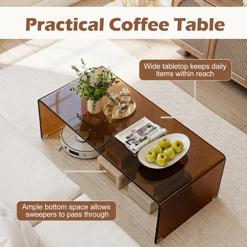 Dark brown 40-inch coffee table with a tempered glass top, featuring rounded edges and ample space for easy cleaning.