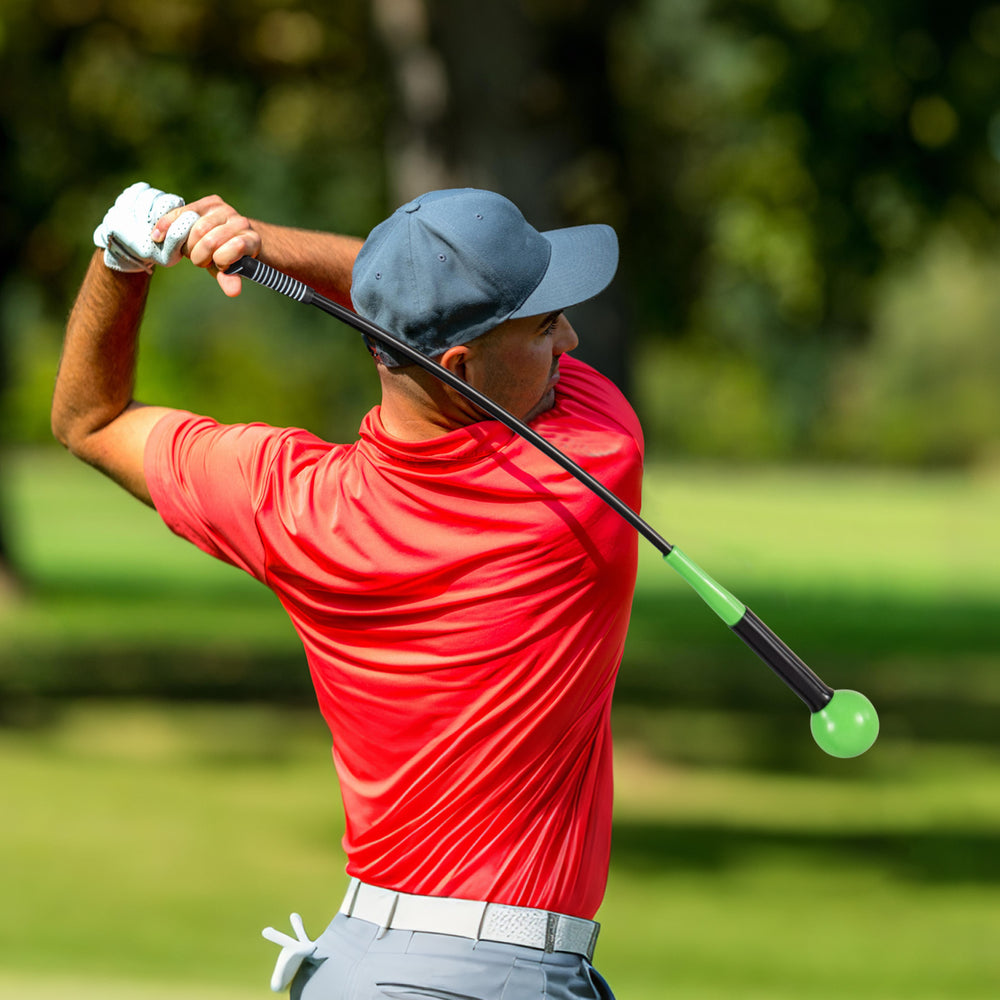 Golf swing trainer aid with weighted head, fiberglass shaft, and ergonomic handle for improving swing balance and tempo.